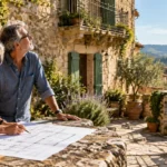 A mature couple reviews architectural blueprints on a stone terrace overlooking a rustic European village.