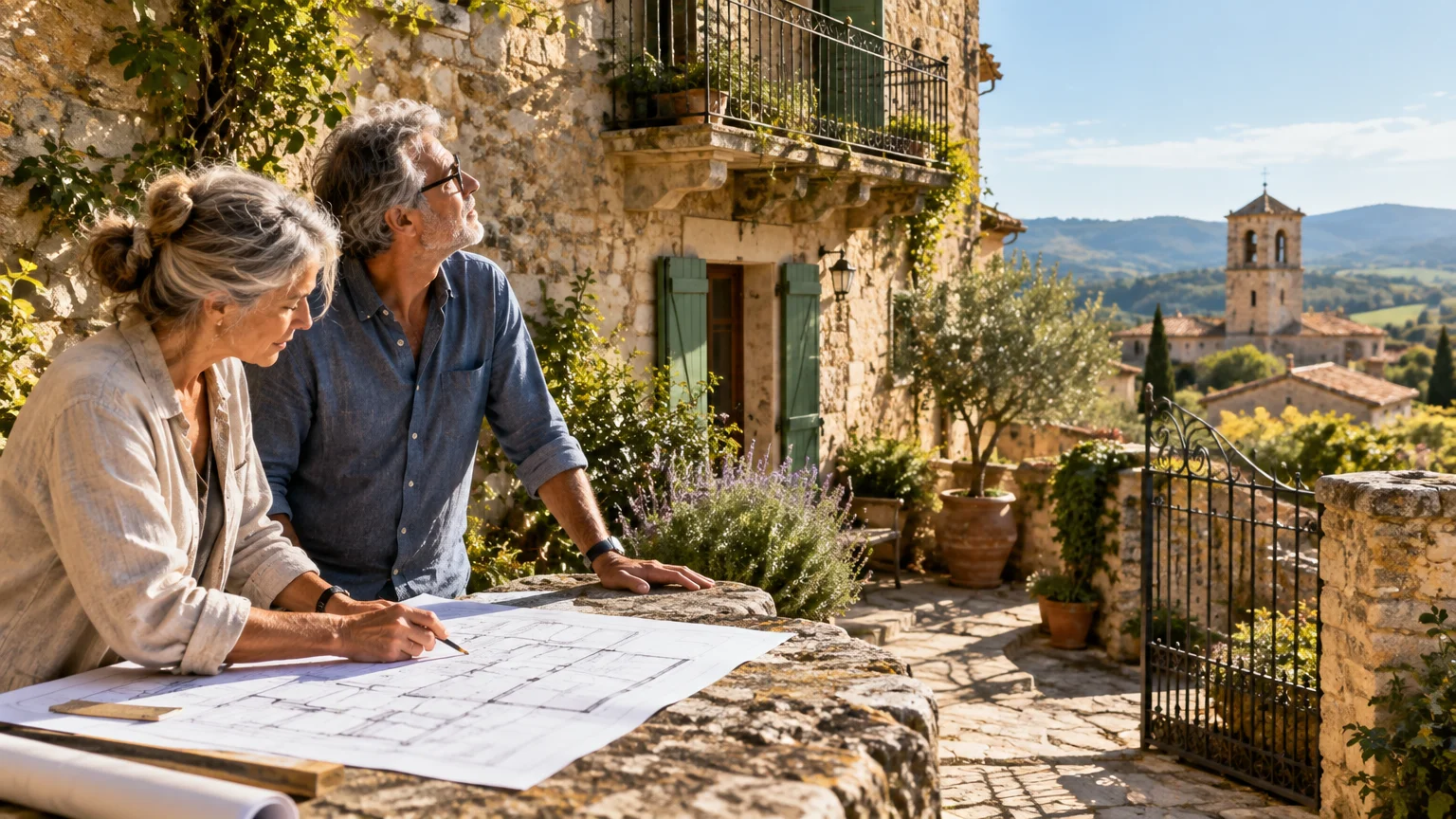 A mature couple reviews architectural blueprints on a stone terrace overlooking a rustic European village.