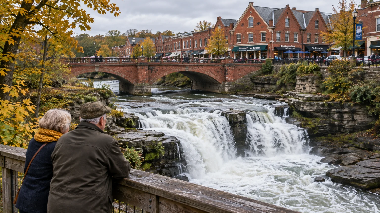 An older couple looks over a railing at a roaring waterfall flowing beneath a brick bridge toward historic downtown buildings.