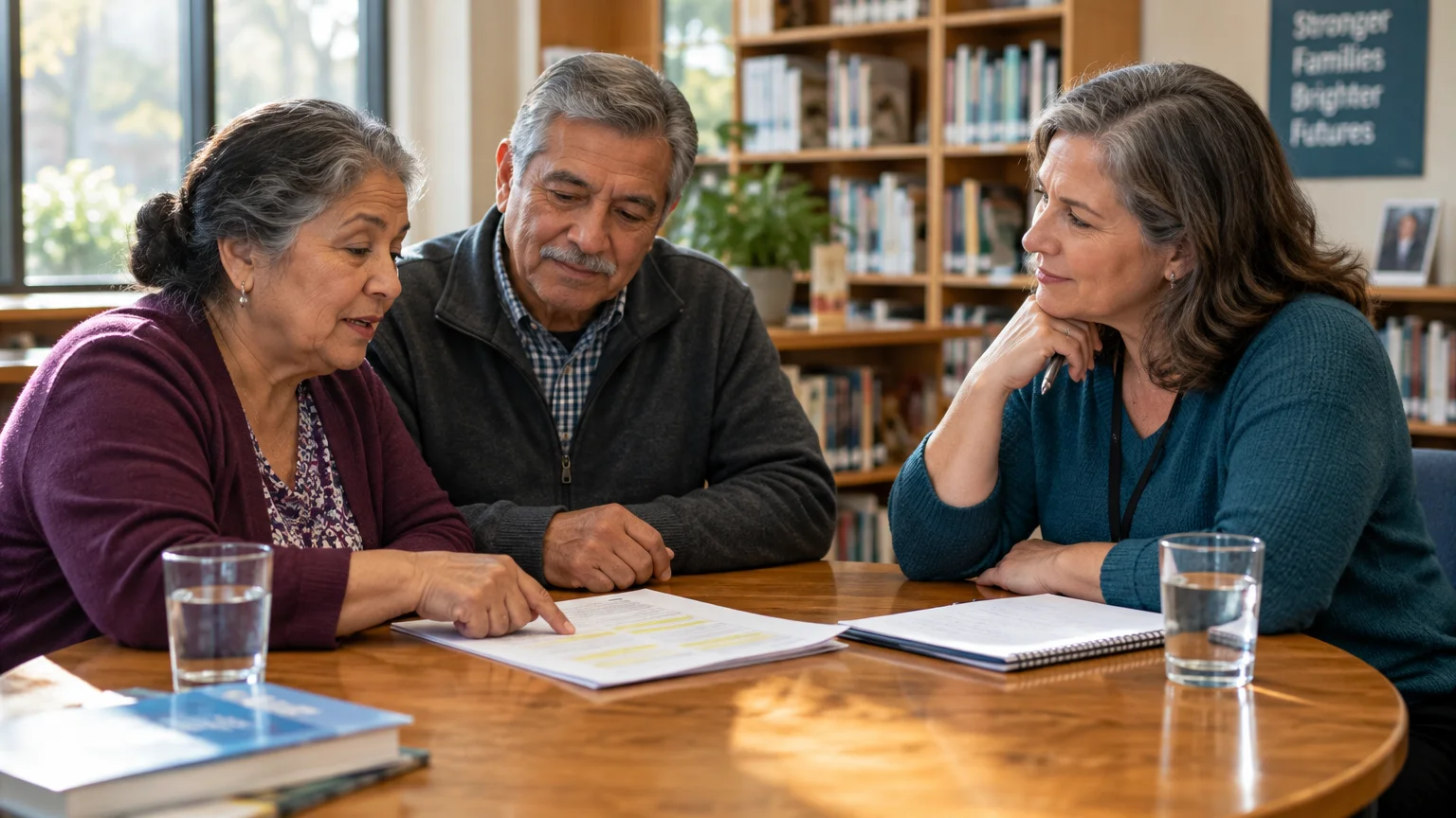An older couple sits at a round wooden table reviewing paperwork with a professional woman in a library setting.