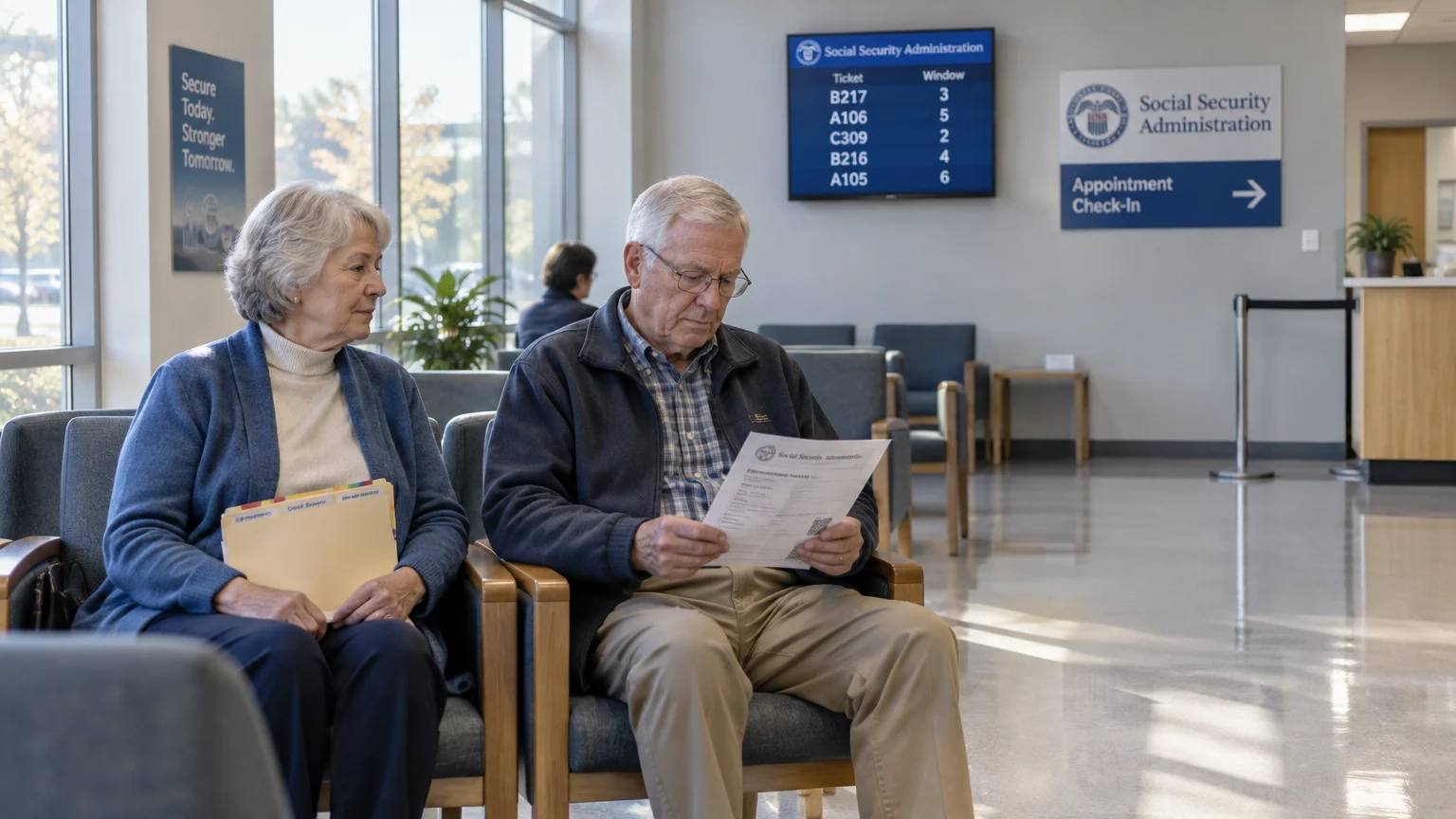 An older couple sitting in a Social Security Administration waiting room, reviewing paperwork while waiting for service.