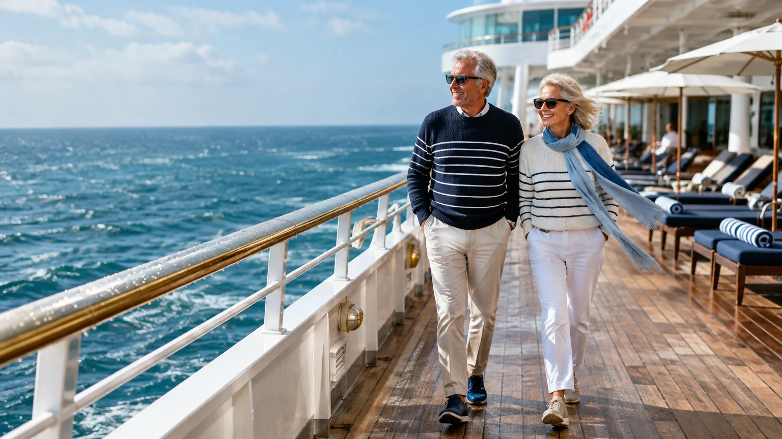 An older couple wearing sunglasses and sweaters walks along a cruise ship deck overlooking the blue ocean.
