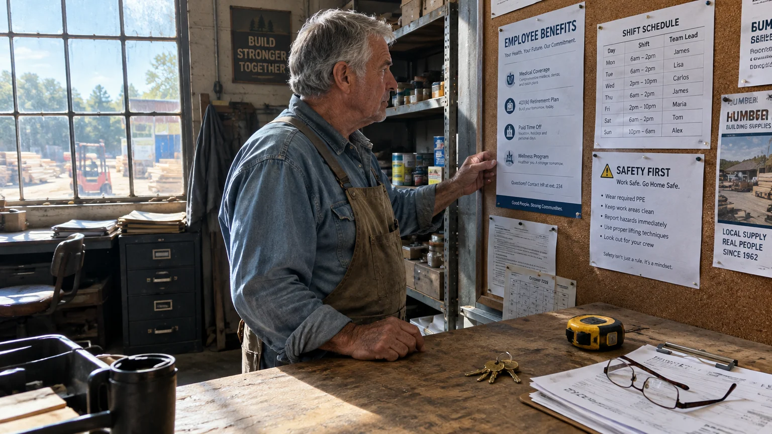 An older worker in overalls reading an employee benefits poster pinned to a bulletin board inside a workshop.