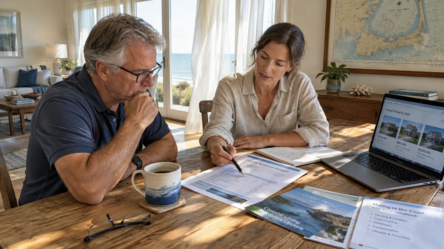 A man and woman review coastal relocation paperwork and real estate listings on a laptop at a sunny dining table.