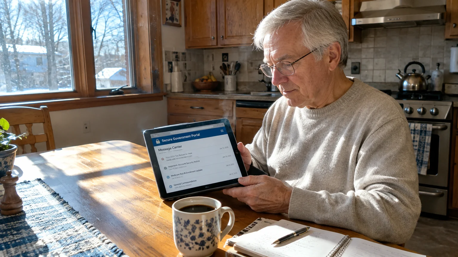 A senior man in glasses holds a digital tablet displaying a government message center webpage at a kitchen table.