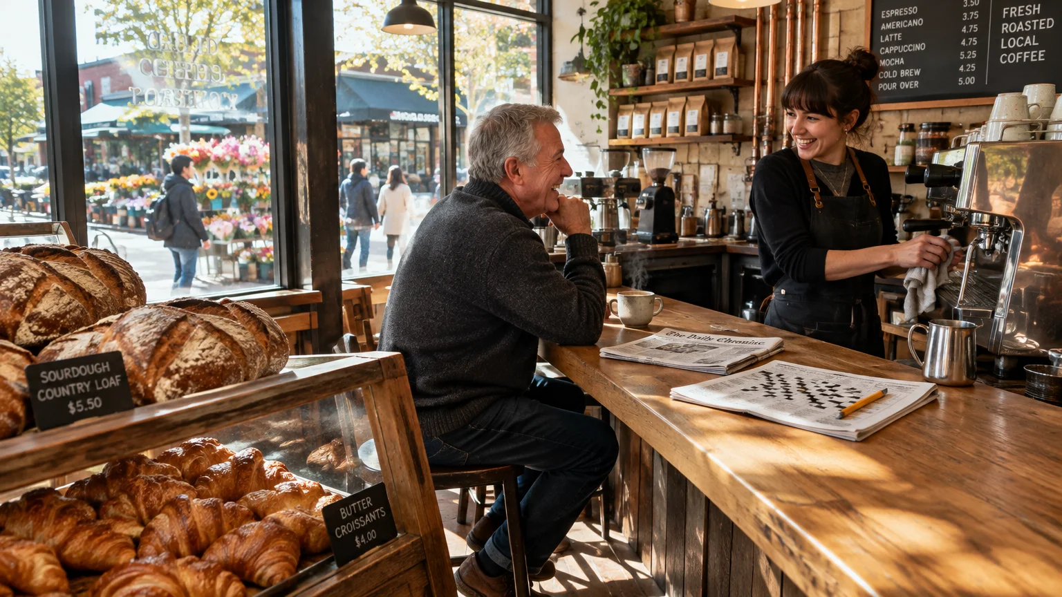 A man sits at a bakery coffee counter smiling as a smiling female barista wipes an espresso machine.
