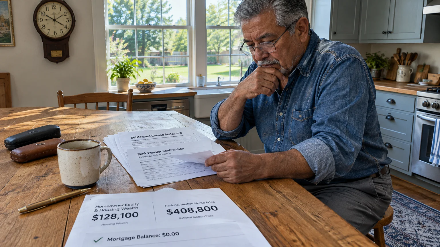 An older man wearing glasses and a denim shirt sits at a wooden table reviewing financial closing documents.