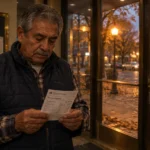 An older man in a bank lobby examines an account balance receipt near glass doors looking out at an autumn street.