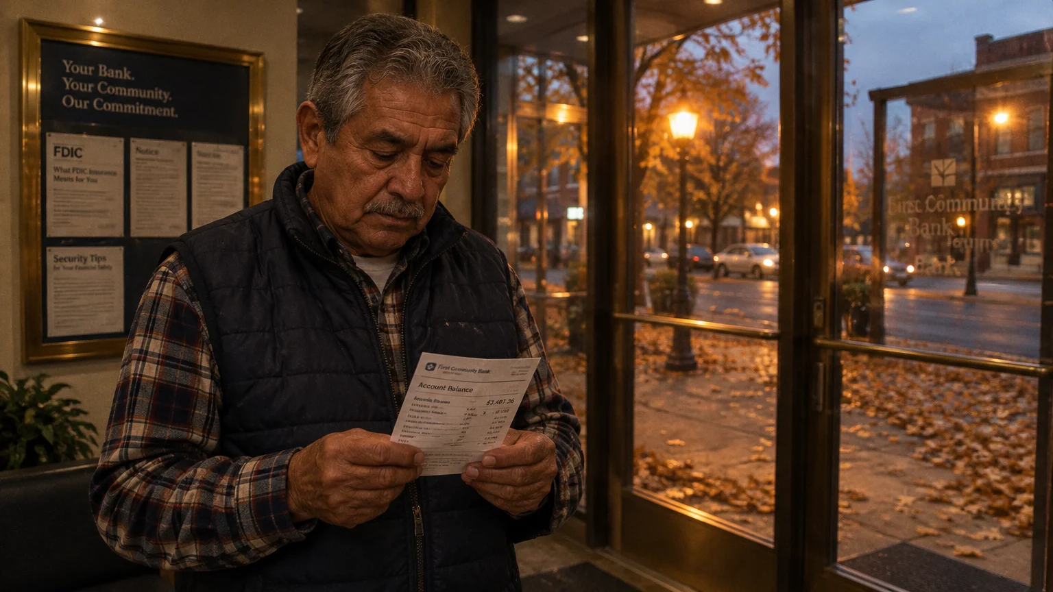 An older man in a bank lobby examines an account balance receipt near glass doors looking out at an autumn street.
