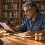 A senior man wearing glasses sits at a wooden desk reviewing papers near pill bottles in a sunlit home library.