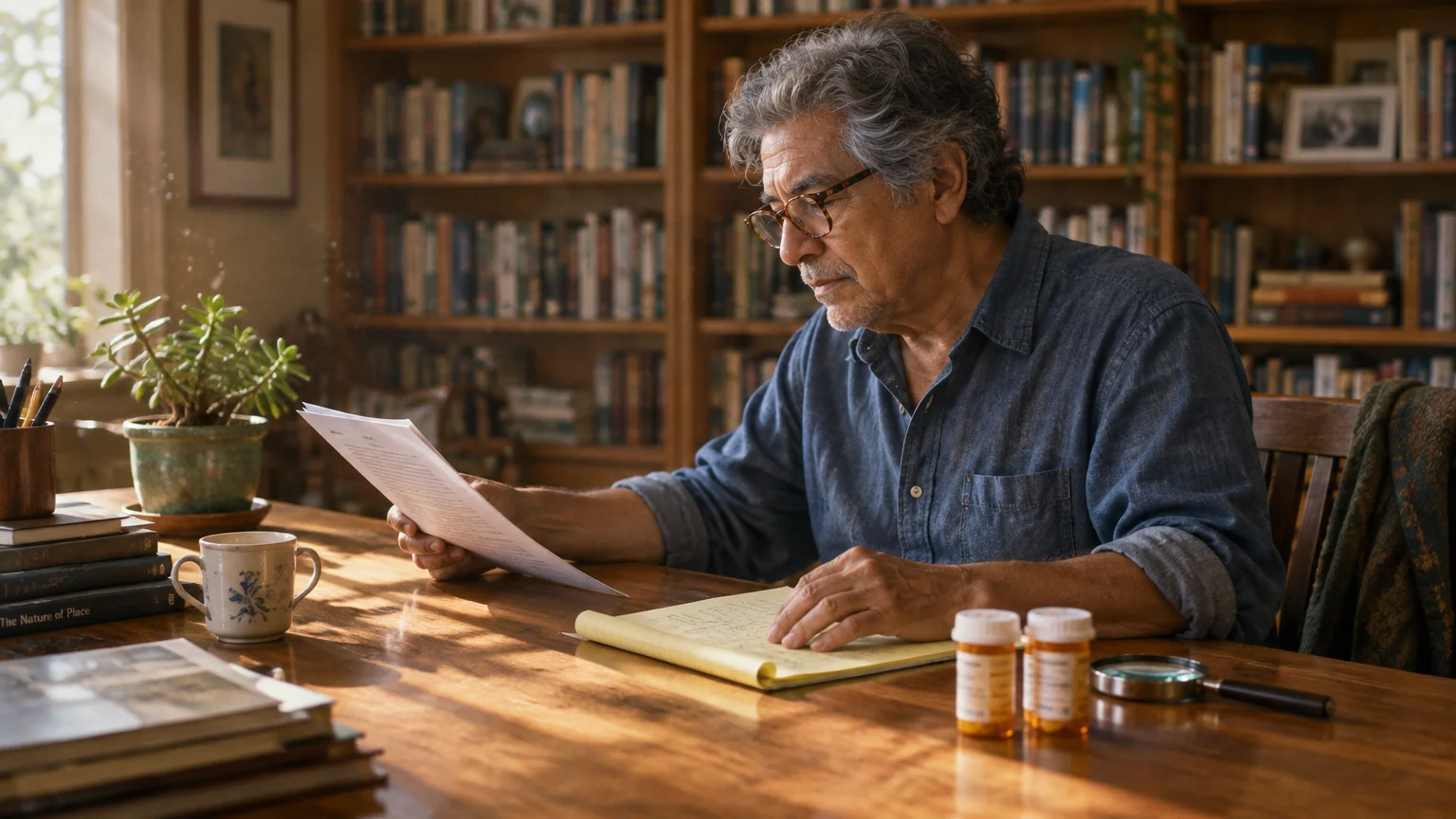 A senior man wearing glasses sits at a wooden desk reviewing papers near pill bottles in a sunlit home library.