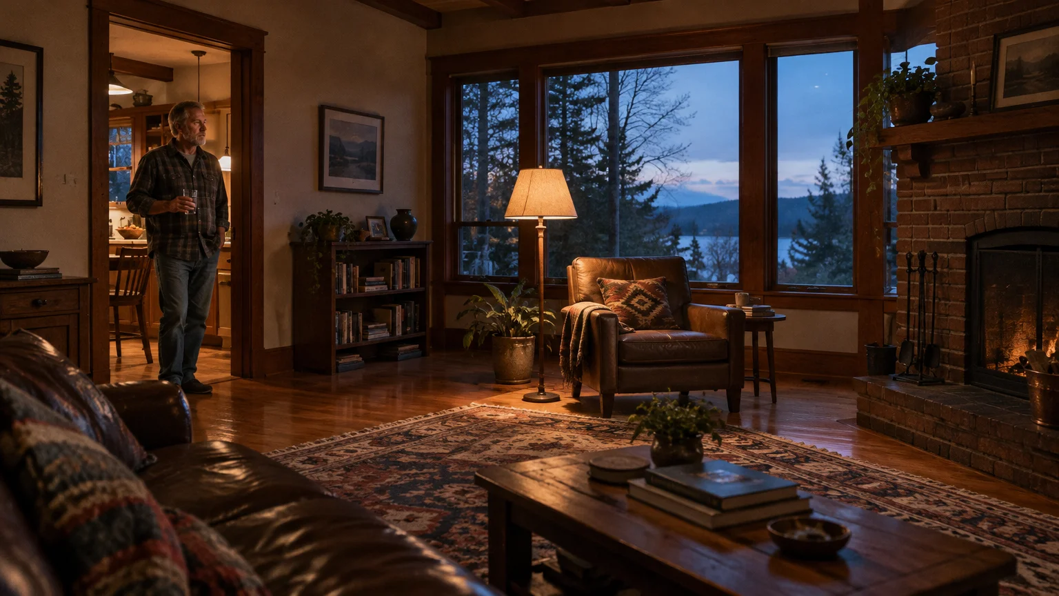 A man stands in a doorway looking into a dimly lit living room with an armchair, lit fireplace, and large windows at dusk.