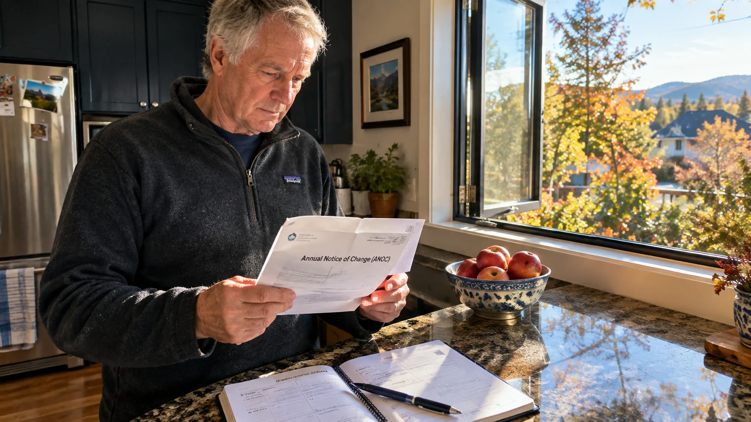 An older man in a kitchen reads an Annual Notice of Change document by an open window overlooking autumn trees.