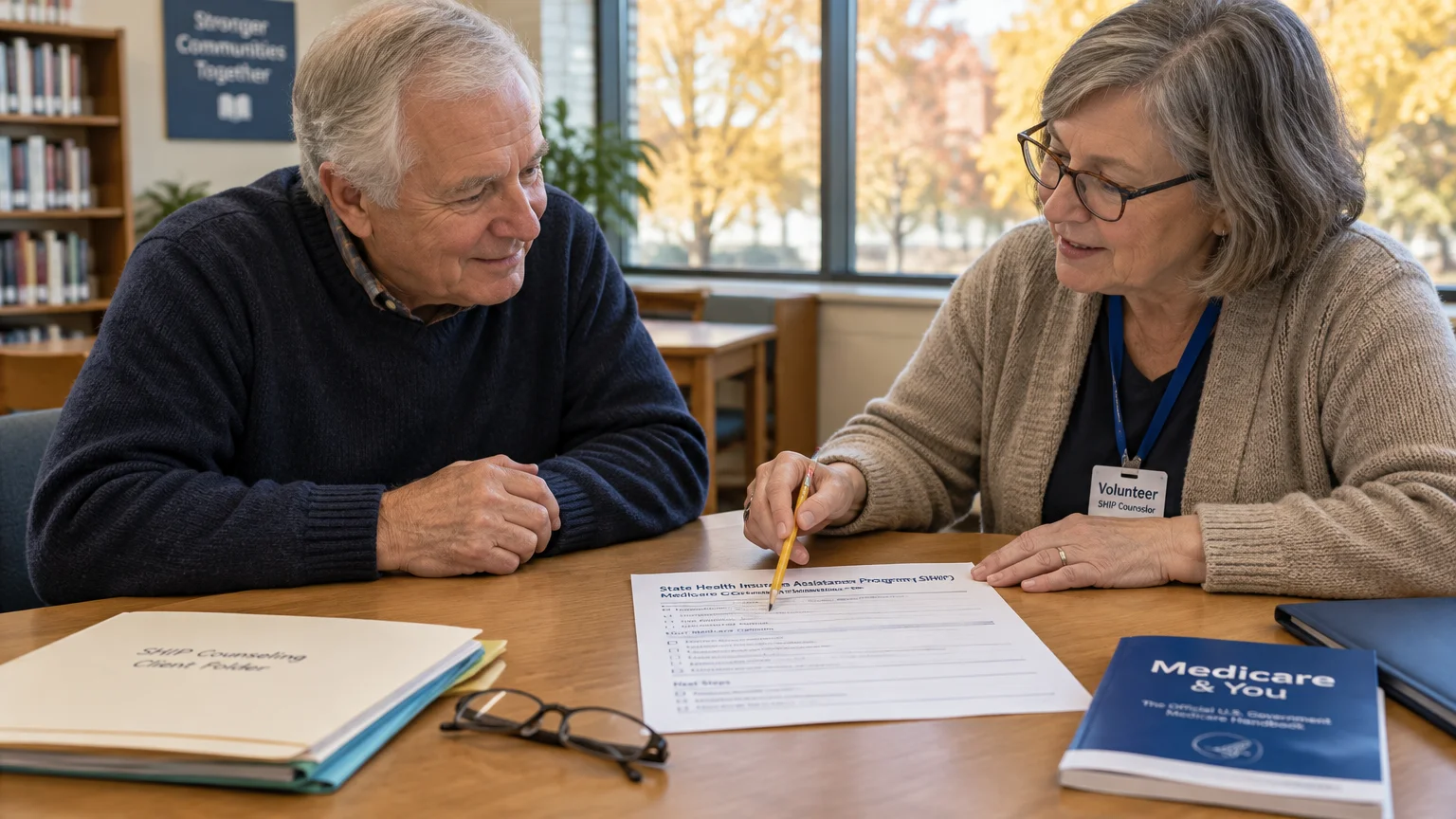 A female counselor points with a pencil at paperwork while an older man listens at a table with Medicare booklets.