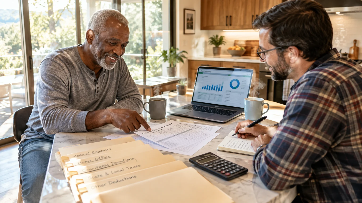 Two men review tax forms, financial charts on a laptop, and deduction folders together at a kitchen table.