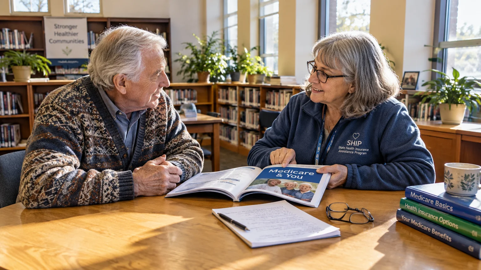 A female counselor in a SHIP fleece reviews a Medicare booklet with a senior man at a library table.