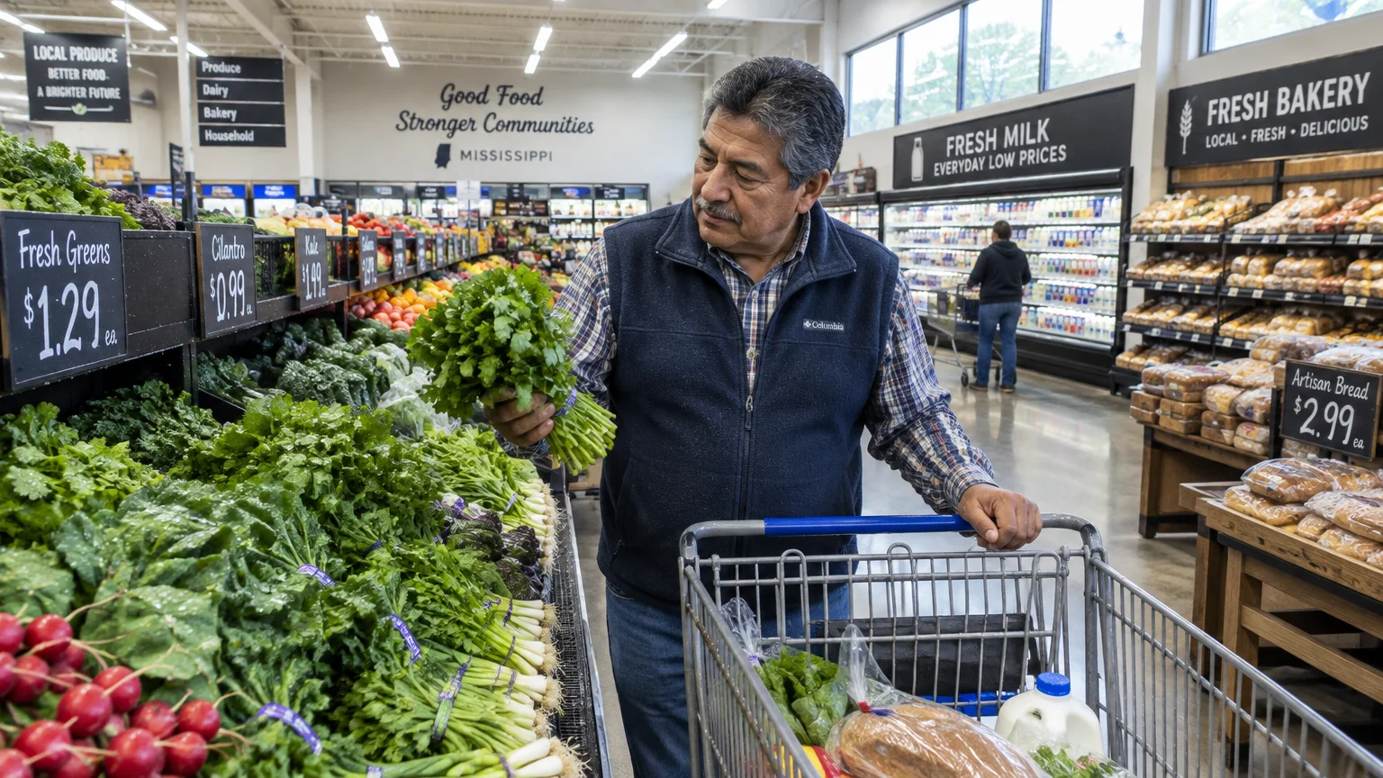 A man holding fresh green herbs beside his shopping cart in a grocery store produce aisle.