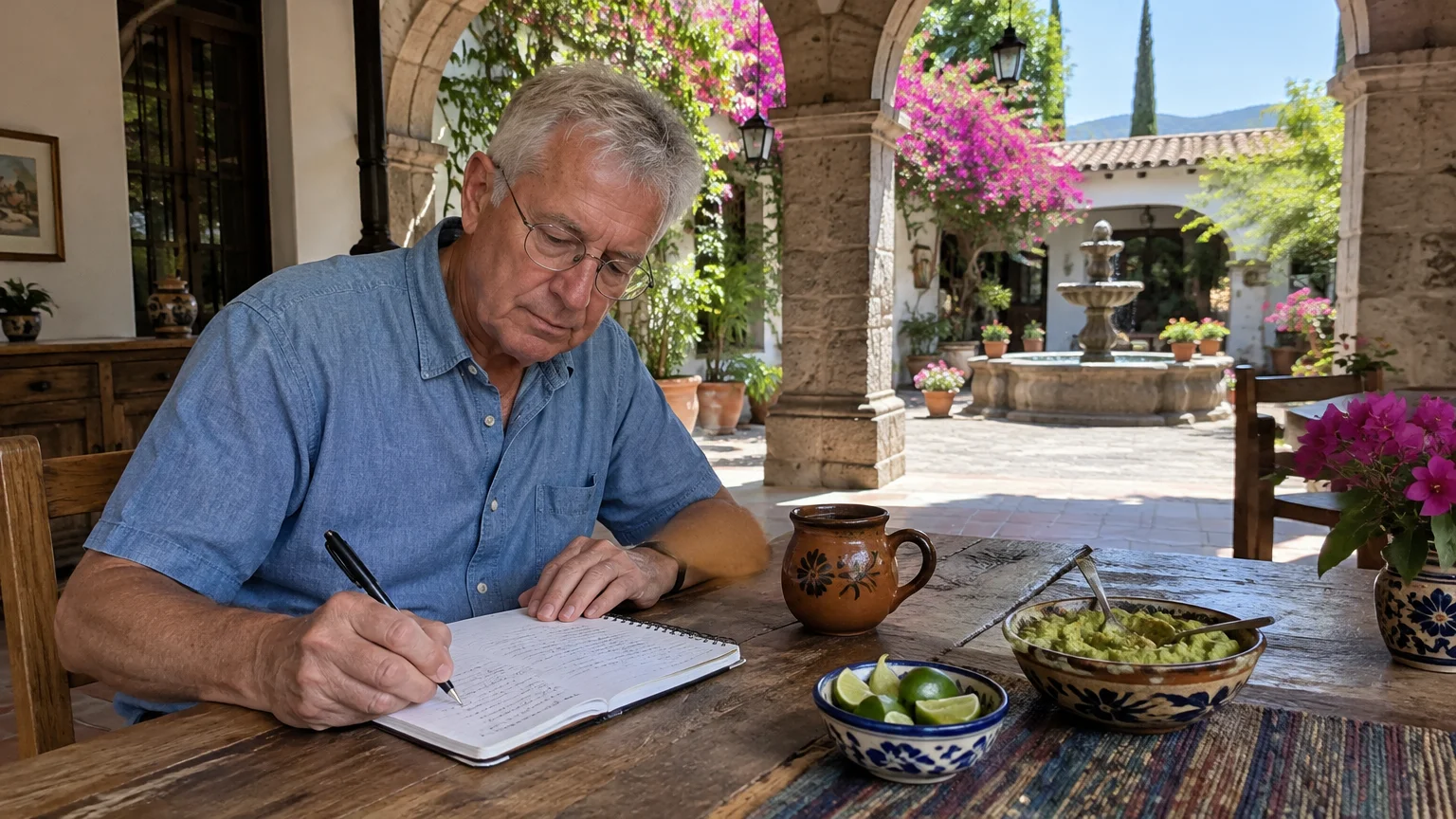 Senior man in glasses writes in a notebook at a patio table with guacamole, limes, and a courtyard fountain behind him.