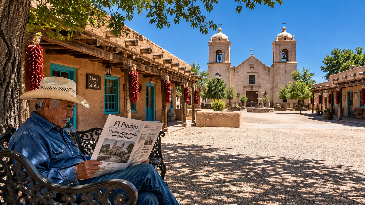 A man reading a newspaper on a bench in a sunlit adobe plaza facing a historic twin-towered church.
