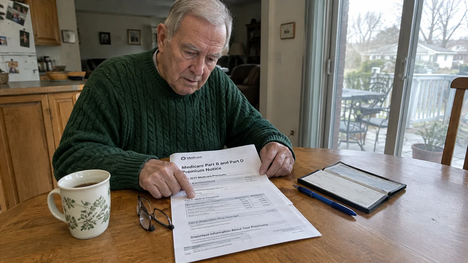 Senior man pointing at a Medicare premium notice at a table with a checkbook, pen, eyeglasses, and coffee mug.