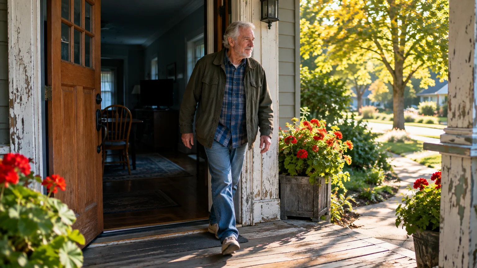 Senior man with grey hair stepping out the front doorway of a house onto a sunny porch flanked by red potted flowers.