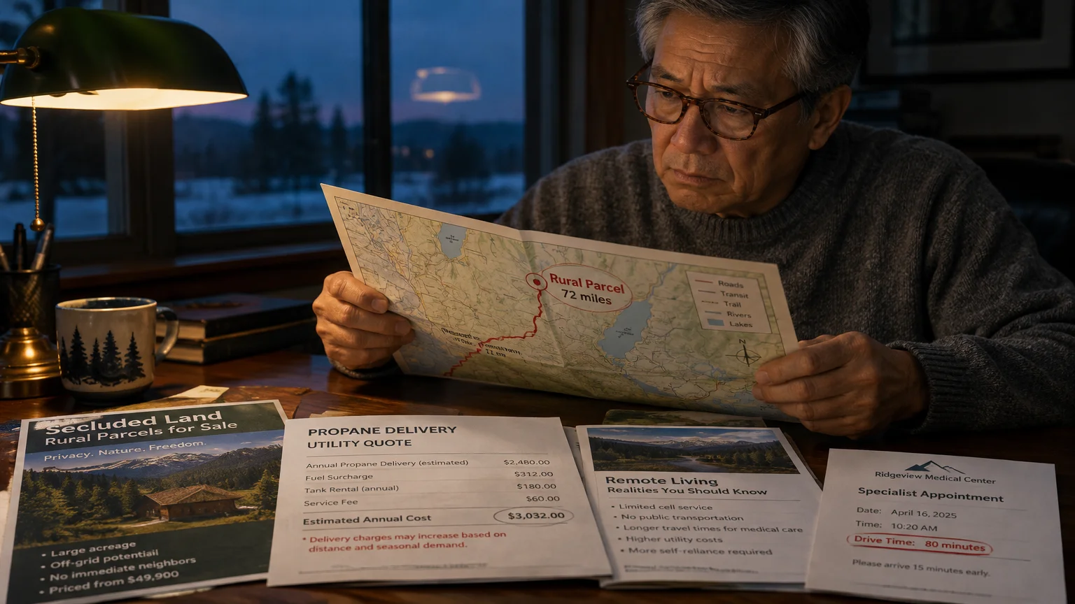 A man wearing glasses examines a map at a desk covered with documents about rural property and utility costs.