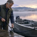 An older man ties a rope from an aluminum motorboat to a wooden cleat on a dock on a misty mountain lake at sunrise.