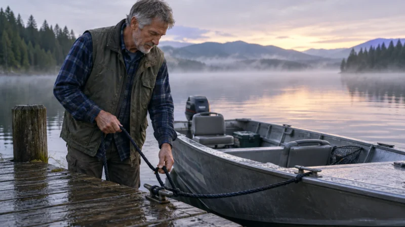 An older man ties a rope from an aluminum motorboat to a wooden cleat on a dock on a misty mountain lake at sunrise.