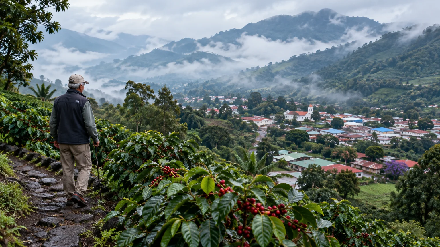 A man walking down a stone path beside coffee plants, overlooking a misty mountain valley town.