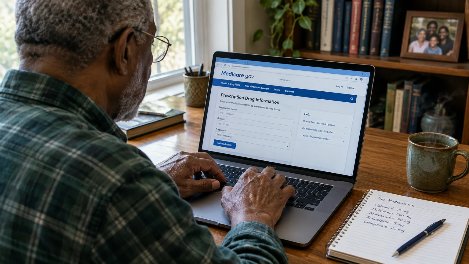 A man types on a laptop showing Medicare.gov's prescription entry page beside a handwritten medication list.