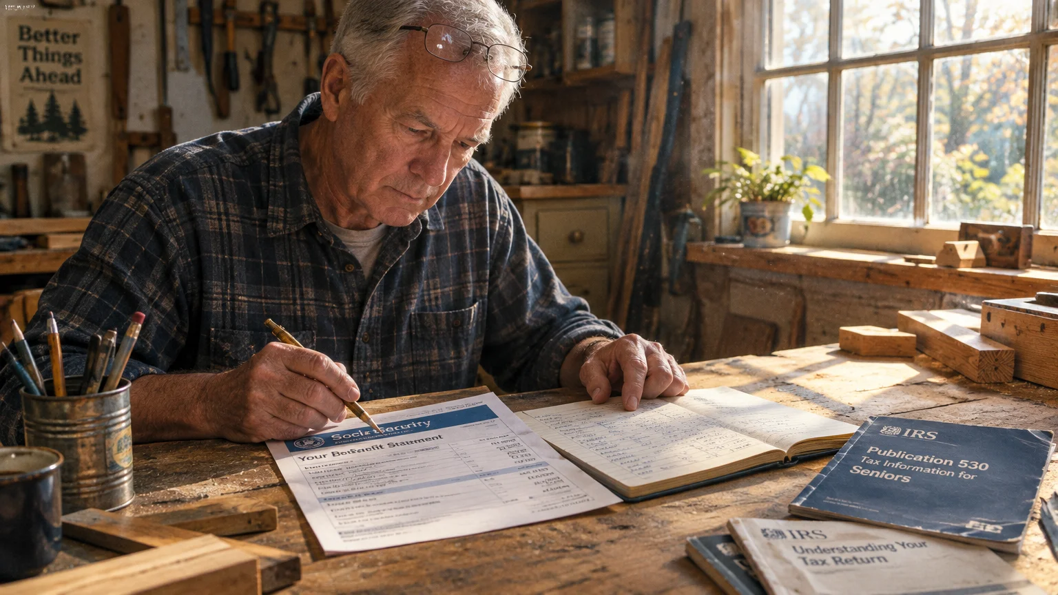 A senior man sits at a workshop table writing notes beside a Social Security statement and IRS tax booklets.