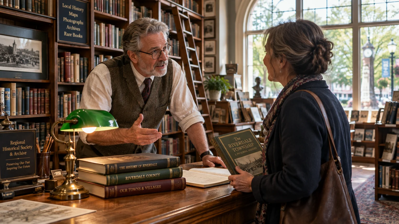 A man with glasses behind a bookstore counter talks to a woman holding a history book, surrounded by bookshelves.