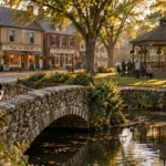Man walks a dog across a stone footbridge over a stream toward quaint village shops and a park gazebo.