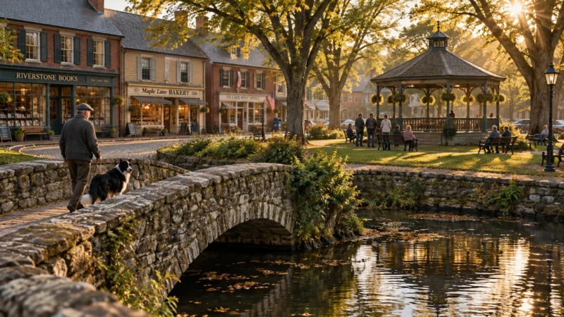 Man walks a dog across a stone footbridge over a stream toward quaint village shops and a park gazebo.