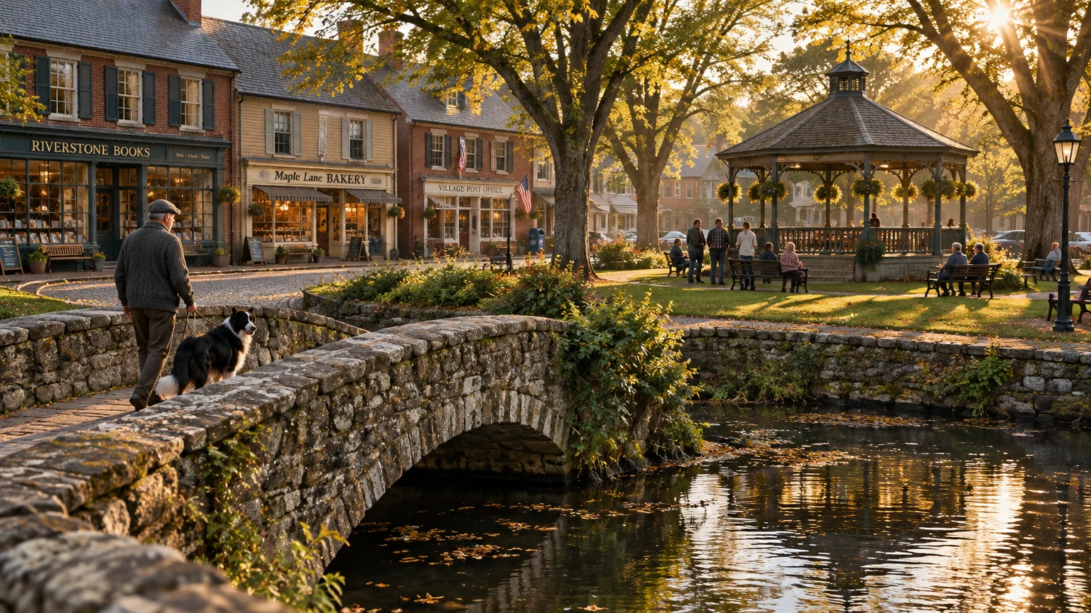 Man walks a dog across a stone footbridge over a stream toward quaint village shops and a park gazebo.