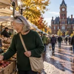 A smiling woman selects apples at an outdoor autumn market on a wet brick street before a historic clock tower building.