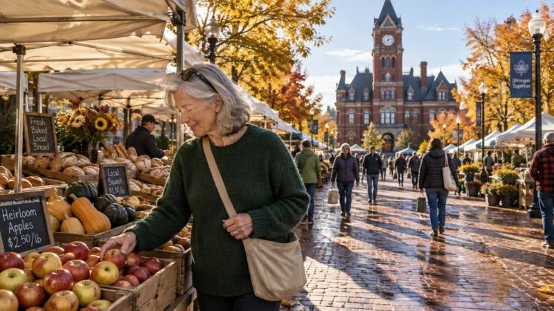 A smiling woman selects apples at an outdoor autumn market on a wet brick street before a historic clock tower building.