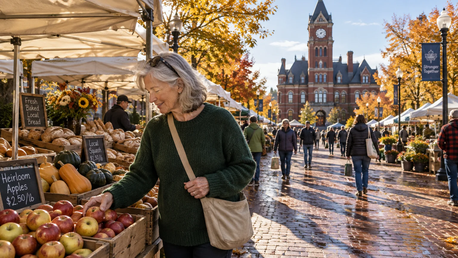 A smiling woman selects apples at an outdoor autumn market on a wet brick street before a historic clock tower building.
