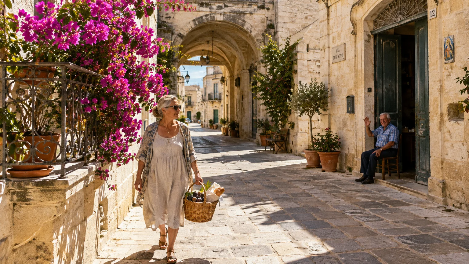A woman carries a basket down a sunlit stone alleyway with pink bougainvillea as a seated man waves outside a doorway.