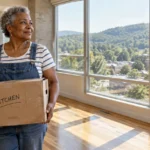 A senior woman holding a cardboard box labeled kitchen inside an empty apartment overlooking a town and hills.