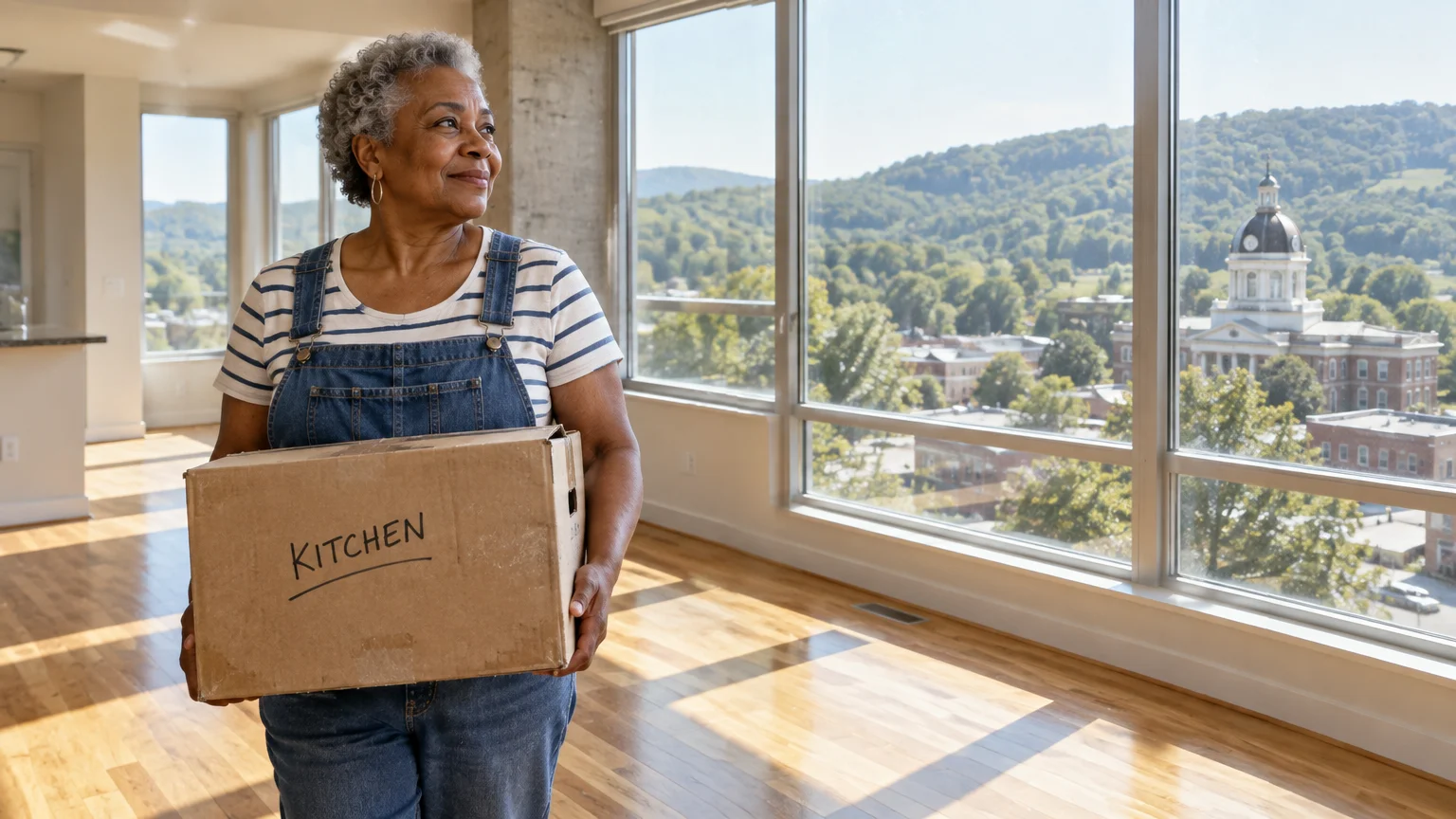 A senior woman holding a cardboard box labeled kitchen inside an empty apartment overlooking a town and hills.