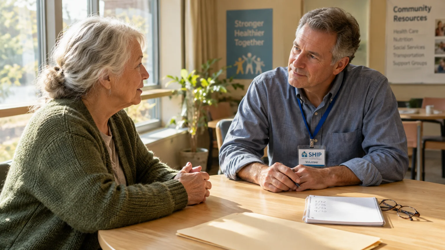 A male SHIP counselor wearing an ID badge sits at a table consulting with a senior woman.