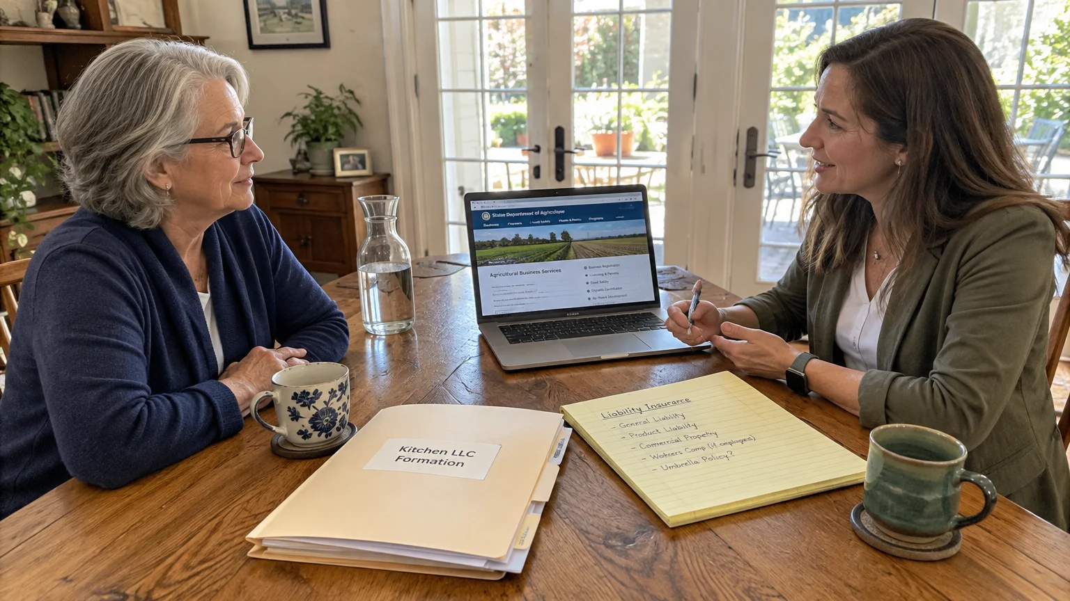 Two women meet at a wooden dining table with a laptop, legal folders, and handwritten notes on liability insurance.