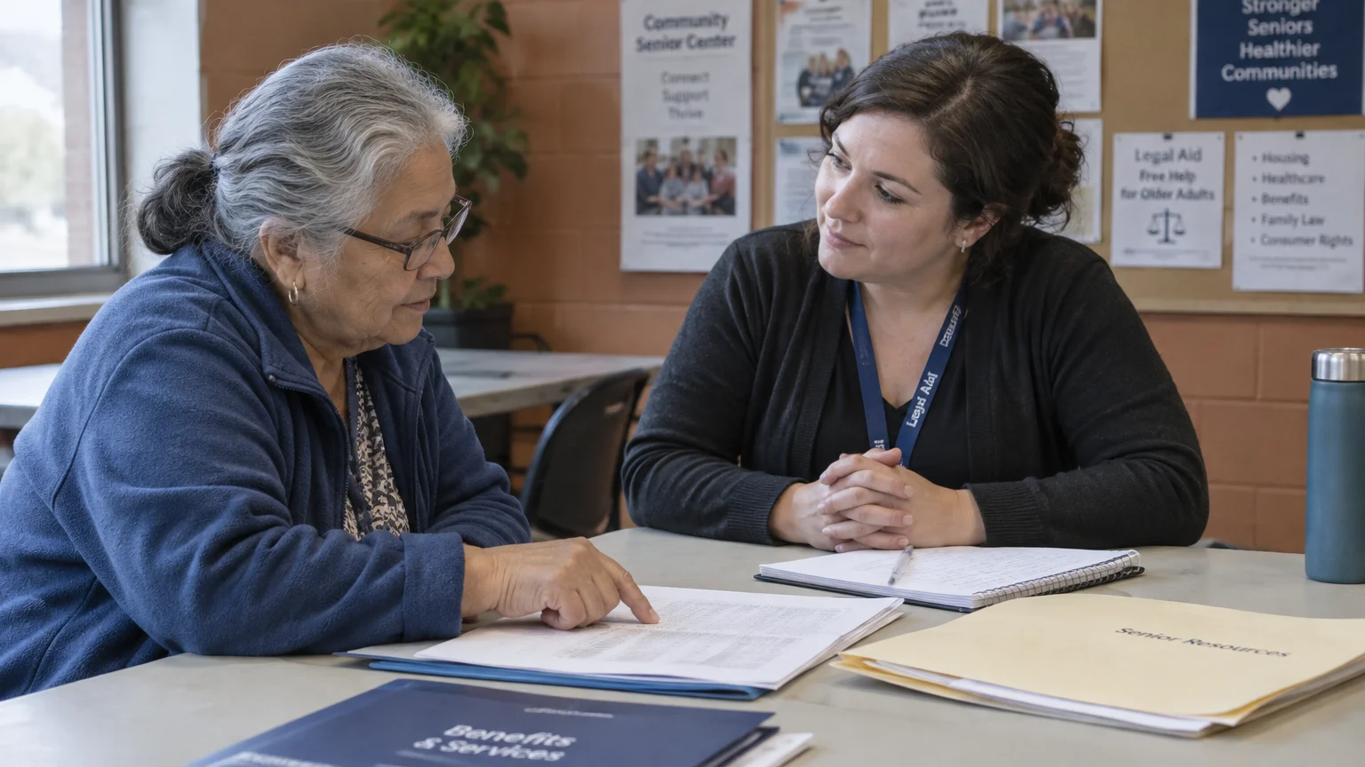 An older woman points at paperwork while speaking with a woman seated across from her at a table in a community center.
