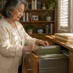 Senior woman organizing green hanging folders in an open filing cabinet drawer labeled Medical and Medicare Taxes.