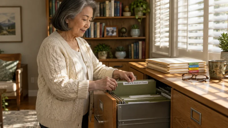 Senior woman organizing green hanging folders in an open filing cabinet drawer labeled Medical and Medicare Taxes.