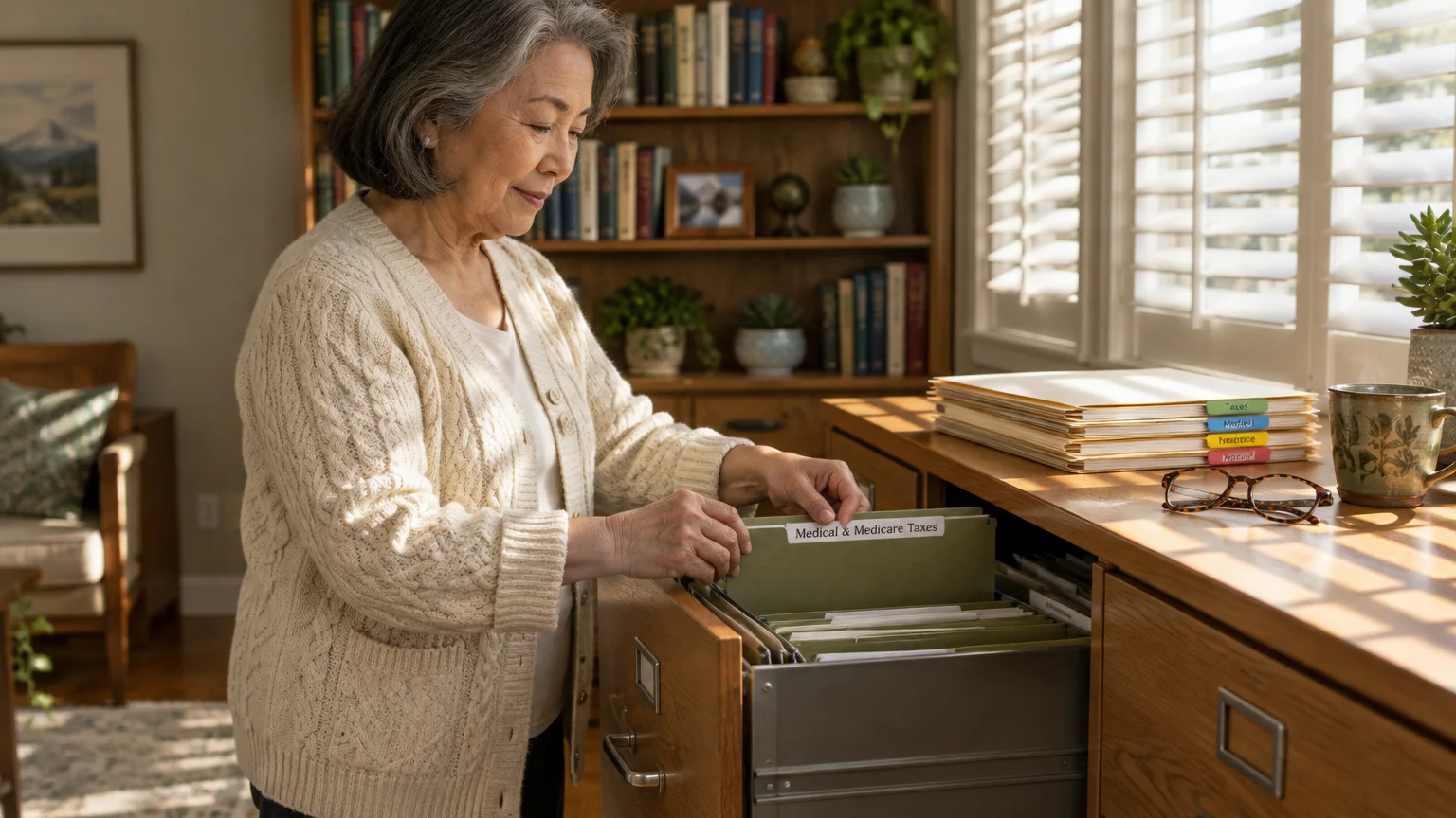Senior woman organizing green hanging folders in an open filing cabinet drawer labeled Medical and Medicare Taxes.