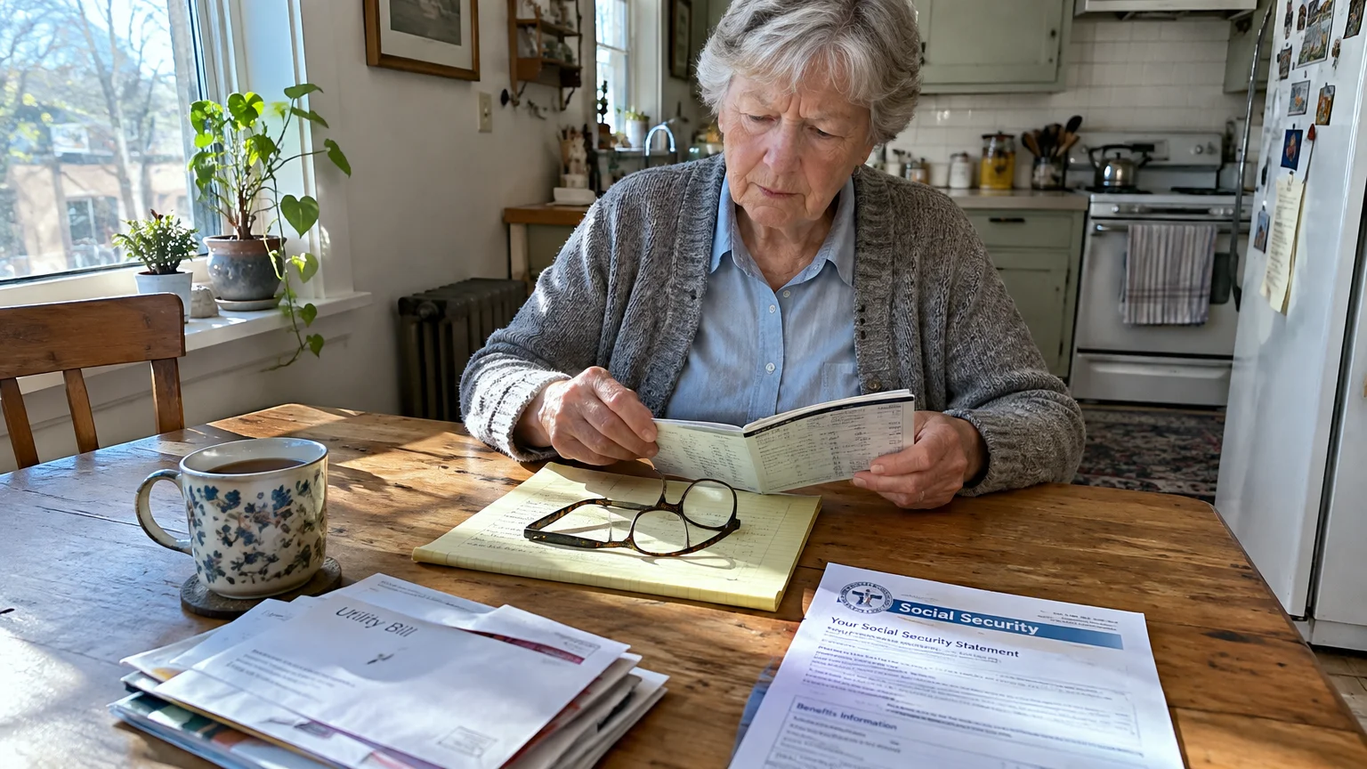 Senior woman sitting at a wooden kitchen table reviewing a bank booklet alongside bills and a Social Security statement.