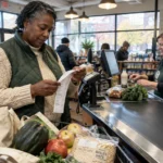 A woman checks her long grocery receipt at a checkout counter filled with produce and bags.