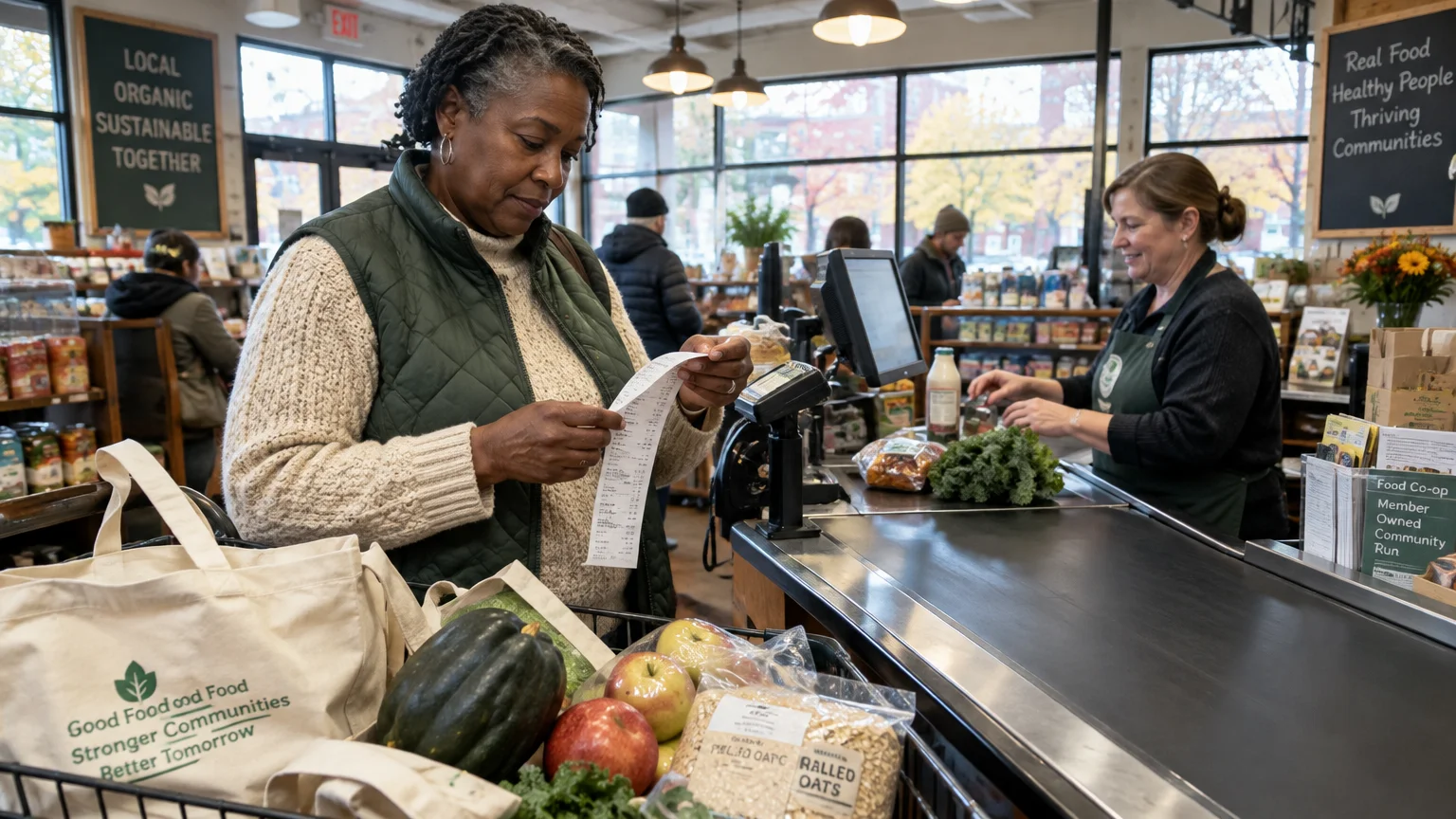 A woman checks her long grocery receipt at a checkout counter filled with produce and bags.